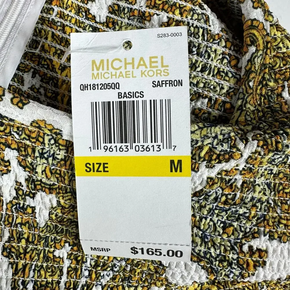 MK MICHAEL‎ KORS Yellow Piasley Patterned Smocked Saffron Midi Dress Women's Med